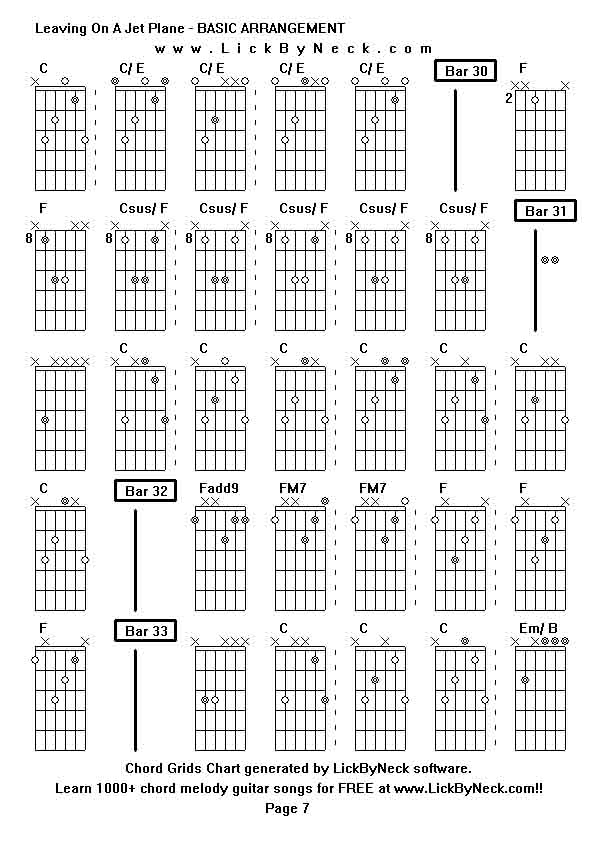 Chord Grids Chart of chord melody fingerstyle guitar song-Leaving On A Jet Plane - BASIC ARRANGEMENT,generated by LickByNeck software.